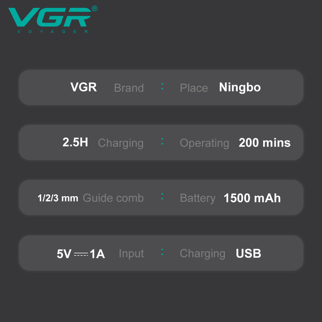 Триммер аккумуляторный VGR V-985, 4 насадки, LED дисплей - изображение 8
