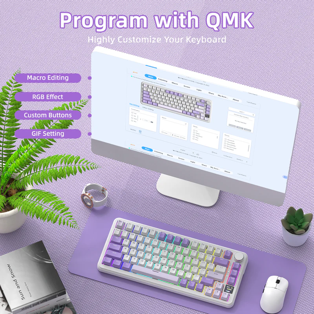 Бездротова механічна клавіатура ATTACK SHARK X85PRO (75% ANSI Layout, TFT-дисплей), Hot-Swap WIRED+2.4G+BT5.0, Lavender - изображение 10