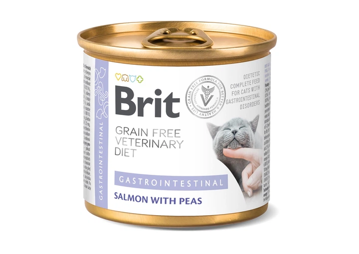 Вологий корм Brit GF VetDiet Gastrointestinal для котів, при захворюваннях шлунково-кишкового тракту, з лососем та горохом, 200 г, артикул 100712 - Фото 1 Вологий корм Brit GF VetDiet Gastrointestinal для котів, при захворюваннях шлунково-кишкового тракту, з лососем та горохом, 200 г, артикул 100712 - зображення 1