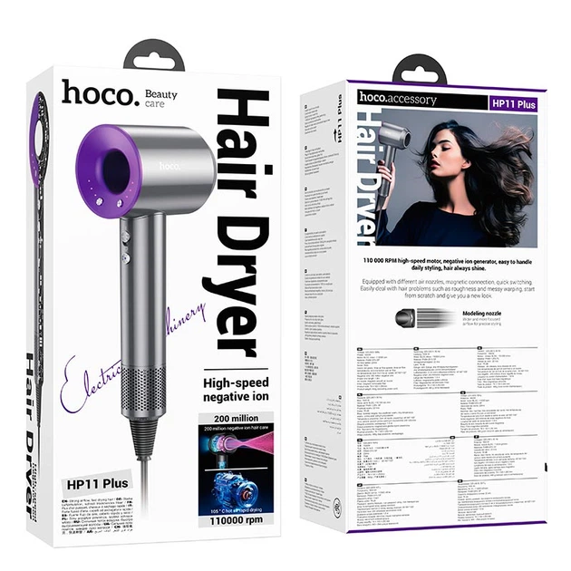 Фен для волосся Hoco High-speed negative ion hair dryer HP11 Plus 1600Вт Сірий/Фіолетовий - Фото 4 Фен для волосся Hoco High-speed negative ion hair dryer HP11 Plus 1600Вт Сірий/Фіолетовий - зображення 4