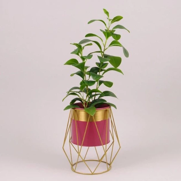 Кашпо металлическое на подставке Flora розовое с золотой полосой H-23.5 см. 39952 - изображение 2