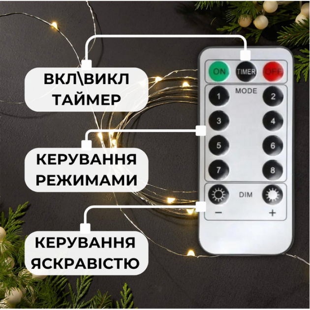 Гирлянда "Роса" USB с пультом д/у теплый свет 20 м 200 диодов 8 режимов таймер для наружного и внутреннего использования - изображение 4