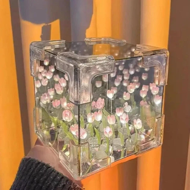 Декоративный светодиодный ночник DIY в виде куба с 3D-эффектом цветущих лилий и прозрачным корпусом, Pink - изображение 4