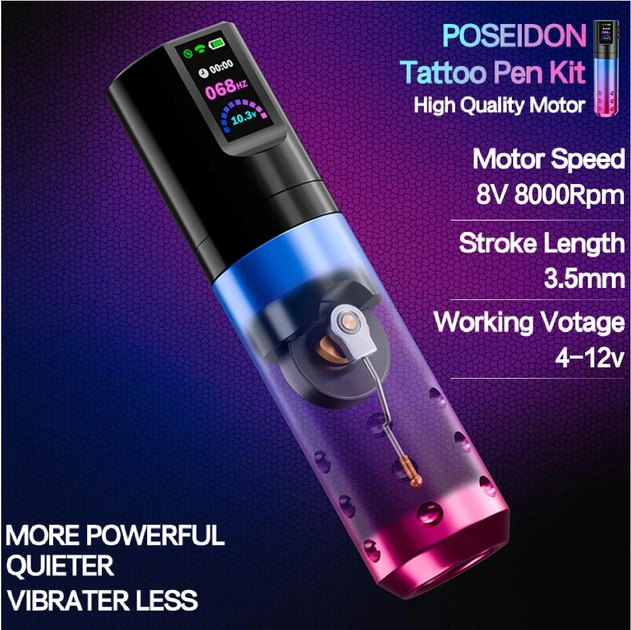 Комплект набор для тату мастера, тату машинка Poseidon HM132 LCD дисплей + картриджи + краски + сумка - изображение 3