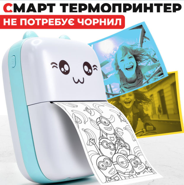 Портативный термопринтер Bambi Cat Mini printer Аккумуляторный Bluetooth бумага Синий - изображение 4
