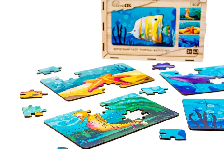 Дерев’яний пазл PuzzleOK "Морські жителі 4в1" для дітей від 3 років (Puz-57896) - Фото 7 Дерев’яний пазл PuzzleOK "Морські жителі 4в1" для дітей від 3 років (Puz-57896) - изображение 7