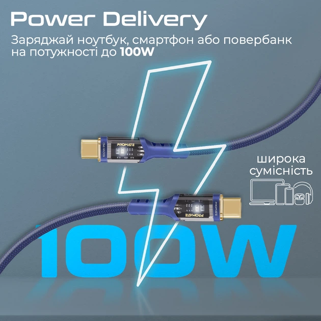 Кабель Promate Lucidline-CC120 USB-C to USB-C 100W Power Delivery 1.2 м Navy (lucidline-cc120.navy) - изображение 2