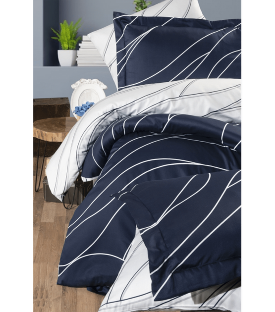 Комплект постельного белья Satin Cotton First Choice - First Choice - S-496 MESİ NAVY BLUE - Евро - Темно-синий с белым - изображение 2