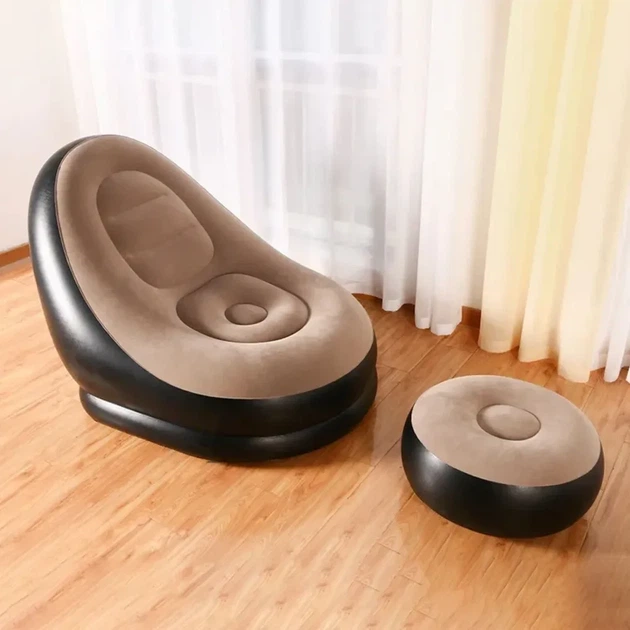 Надувное велюровое кресло с пуфиком AIR SOFA 116 х 98 х 83 см Черно-бежевый - изображение 5