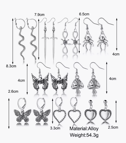 Набор сережек Fashion Jewerly сердца бабочки змеи 9 пар бижутерия в стиле y2k серебристый цвет (SVS) - изображение 9