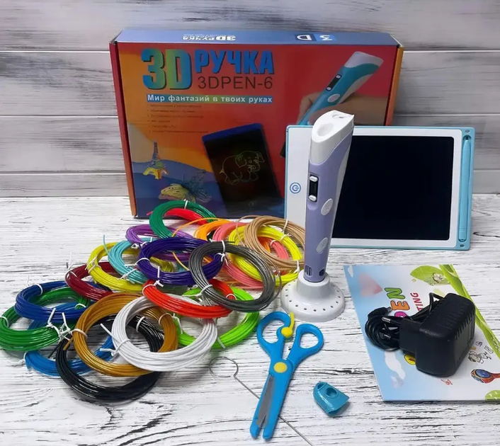 Набор для творчества 3Д ручка Фиолетовая 3D Pen-6 c LCD дисплеем Графический планшет Трафареты 100 м пластика в комплекте - изображение 2