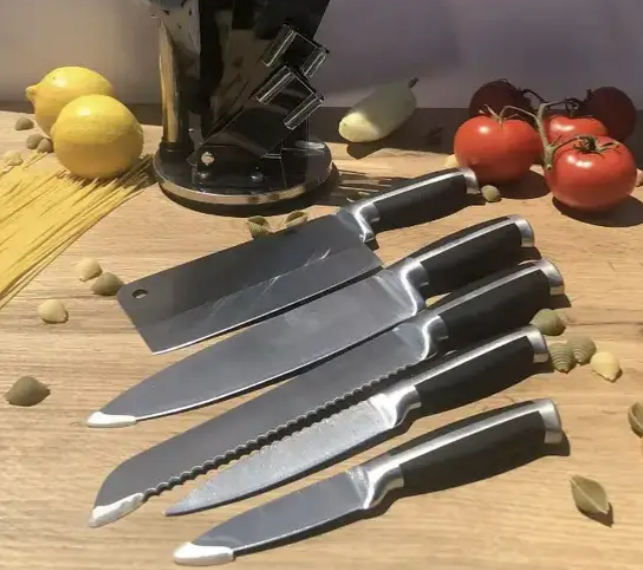 Набір ножів для кухні Fimko 8 предметів з акриловою підставкою нож та ножиці в комплекті з нержавіючої сталі чорна ручка - зображення 3