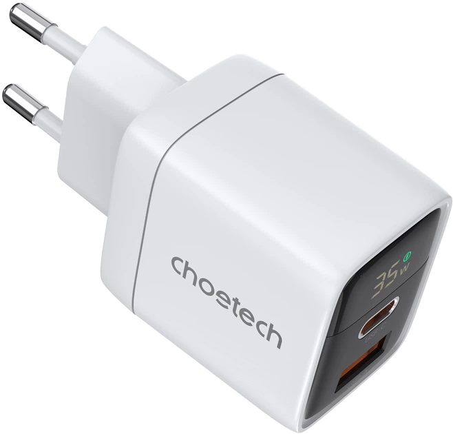 Мережевий зарядний пристрій Choetech USB-A USB-C PD 35W з дисплеєм White (PD6052-EU-WH) - зображення 2