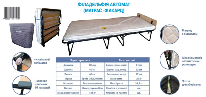 Розкладне ліжко Vista Viva автомат на ламелях з матрацом 195x80x43см (V-2020) - зображення 4
