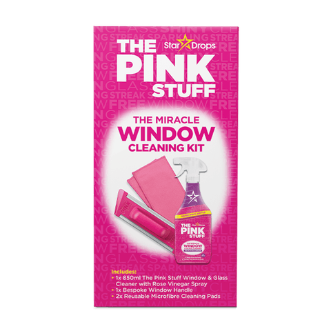 Набор для мытья окон The Pink Stuff Window Cleaning Kit (спрей 850 мл с розовым уксусом для стекла и зеркал The Pink Stuff Window & Glass Cleaner Spray Rose Vinegar, 2 микрофибра и ручка для насадок) - изображение 2
