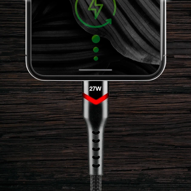 Кабель USB-C to Apple Lightning everActive CBB-1CIR 1m, USB 2.0, PD 27W, Black в оплетке с RGB подсветкой - изображение 4