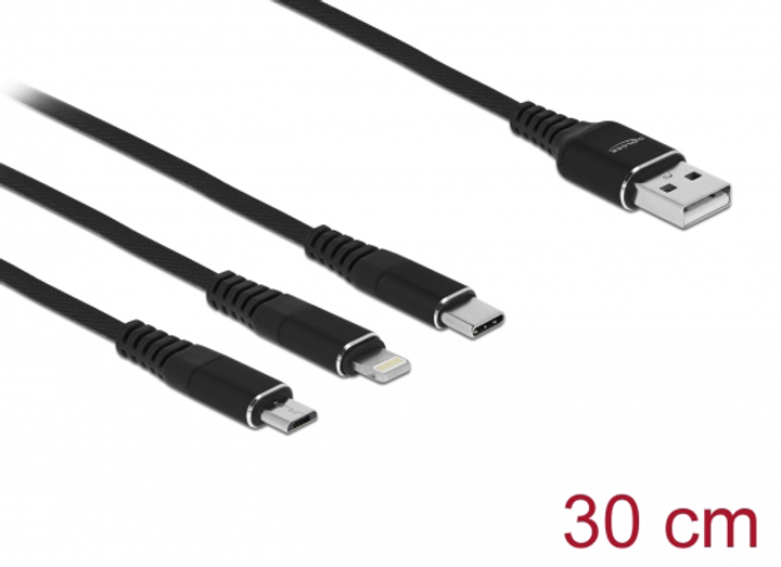 Kabel Delock 3 in 1 Type-A to Lightning / Micro USB / USB Type-C 30 cm Black (4043619871520) - obraz 1