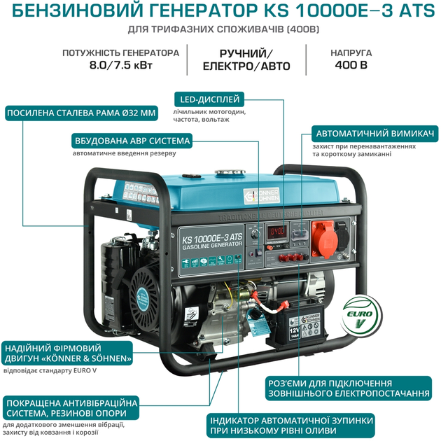 Генератор Könner & Söhnen бензиновий KS 10000E-3, 400В, 7.5кВт, 3 фази, АВР (ATS), електростартер, 89.2кг (KS10000E-3ATS) - Фото 8 Генератор Könner & Söhnen бензиновий KS 10000E-3, 400В, 7.5кВт, 3 фази, АВР (ATS), електростартер, 89.2кг (KS10000E-3ATS) - изображение 8