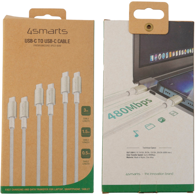 Kabel 4smarts PremiumCord USB-C - USB-C 60W 0.5M+1.5M+3M White (4252011906956) - obraz 4