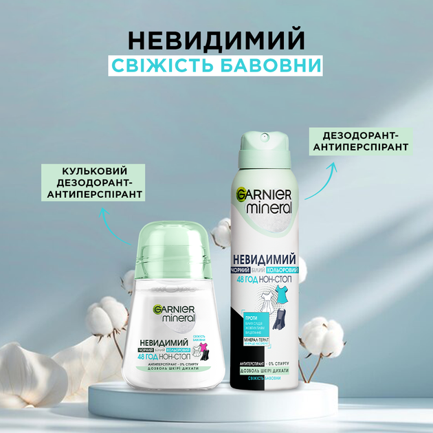 Дезодорант-антиперспирант для тела Garnier Mineral Невидимый Свежесть хлопка 150 мл (3600542310468) - изображение 5