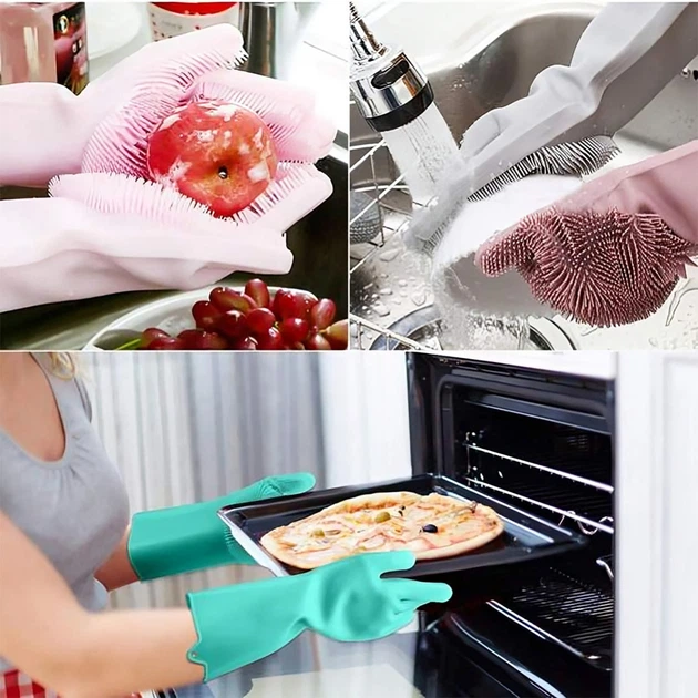 Силиконовые многофункциональные перчатки Magic Silicone Gloves Pink для уборки, чистки и мытья посуды Розовый - изображение 5