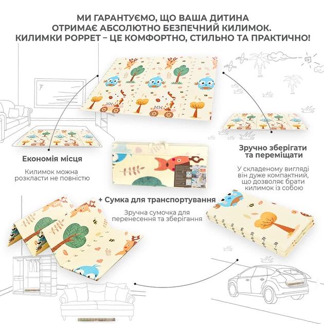 Детский развивающий двухсторонний складной термоковрик POPPET Малыш-жираф и Цифры-животные, 150х180x1см + сумка (PP021-150). Термо коврик водонепроницаемый, шумопоглощающий + ПОДАРОК: водный коврик POPPET Акваплей - изображение 4