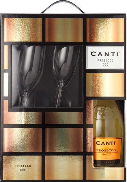 Вино игристое Canti Prosecco Millesimato белое экстра-сухое 0.75 л 10,5% + 2 бокала в подарочной упаковке (8005415063383_8005415050703) - Фото 1 Вино игристое Canti Prosecco Millesimato белое экстра-сухое 0.75 л 10,5% + 2 бокала в подарочной упаковке (8005415063383_8005415050703) - изображение 1