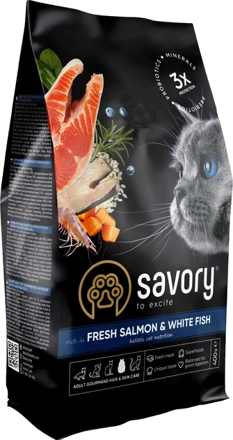 Сухой корм для длинношерстных кошек Savory со свежим лососем и белой рыбой 400 г - Фото 2 Сухой корм для длинношерстных кошек Savory со свежим лососем и белой рыбой 400 г - изображение 2