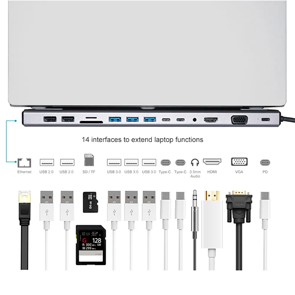 USB хаб, докстанция с быстрой зарядкой, подставка для ноутбука FuXin 2020 (14 в 1, Type-C, VGA, RJ45, 100 Вт) - изображение 3
