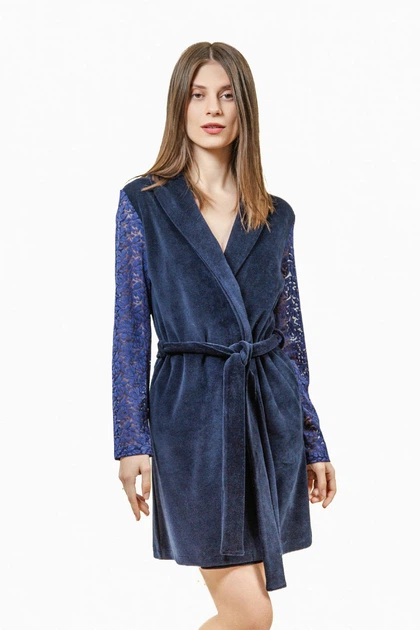 Халат женский велюровый с кружевными рукавами и спинкой Felisiya Lingerie Синий 78-058 М (2000011166014) - Фото 1 Халат женский велюровый с кружевными рукавами и спинкой Felisiya Lingerie Синий 78-058 М (2000011166014) - изображение 1