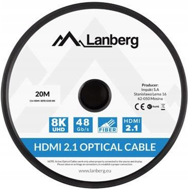 Kabel Lanberg HDMI – HDMI v2.1 20 m Black (CA-HDMI-30FB-0200-BK) - obraz 1