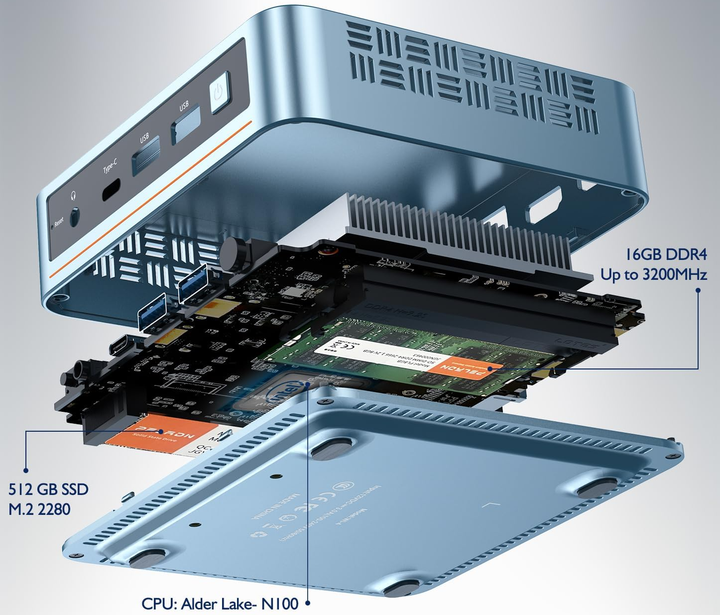Міні ПК Peladn WI-6 / Intel N100 / RAM 16GB / SSD 512GB / 2 х HDMI / LAN / Wi-Fi 5 / Bluetooth 4.2 / Windows 11 / Блакитний Б/В - зображення 2
