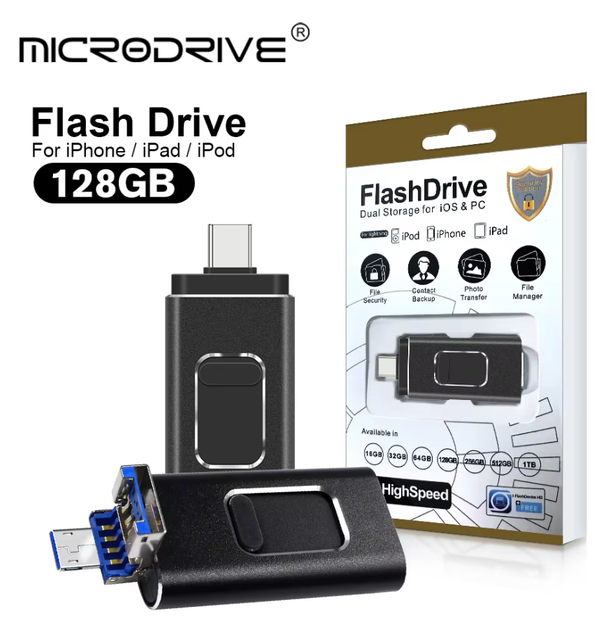 Флешка для Apple iPhone з роз'ємом USB 3.0 Micro USB Lightning 128 GB 4в1 HighSpeed Black - Фото 2 Флешка для Apple iPhone з роз'ємом USB 3.0 Micro USB Lightning 128 GB 4в1 HighSpeed Black - зображення 2