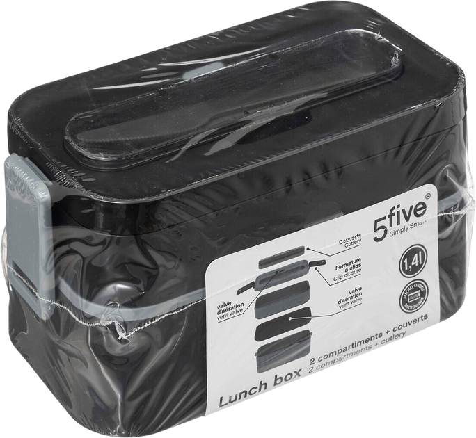 Pojemnik na lunch do pracy 5five Simply Smart 2 przegródki + sztućce czarny 1.4 l (5902973442212) - obraz 3