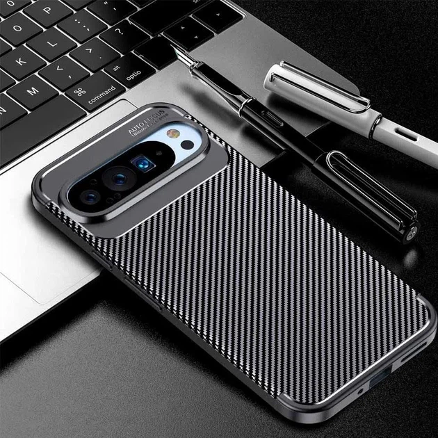 Противоударный чехол Карбон для Google Pixel 9 черный резиновый бампер - Фото 3 Противоударный чехол Карбон для Google Pixel 9 черный резиновый бампер - изображение 3