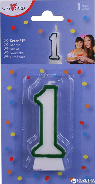 Свечка-цифра для торта Susy Card 8.5 см Цифра 1 Белая с зеленой ...