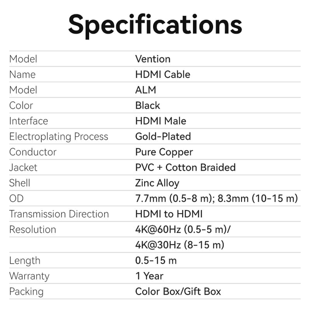 Кабель Vention HDMI-HDMI, 1.5 m, v2.0, 4K 60Hz (ALMBG) - изображение 3