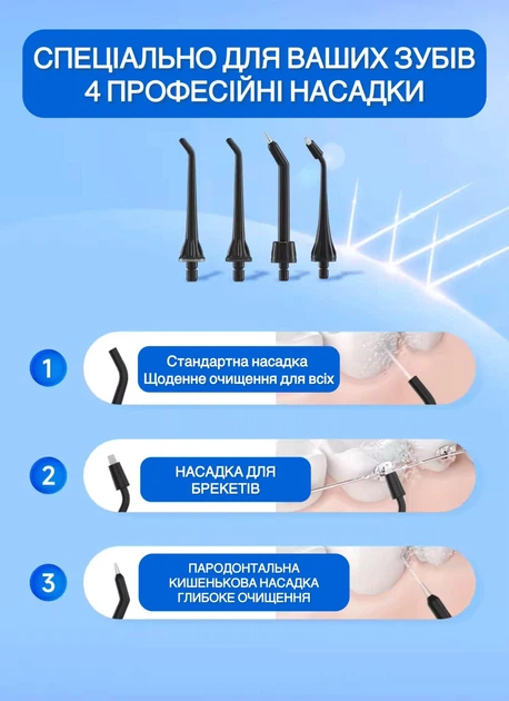 Портативный профессиональный ирригатор Mornwell D52 водонепроницаемый, на аккумуляторе для полости рта 4 насадки, 300мл, Черный - изображение 7