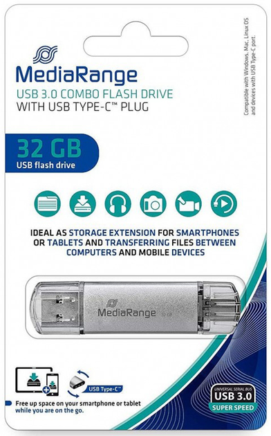 Pendrive USB MediaRange MR936 Combo Flash Drive 32GB USB 3.0 + Type-C Silver (4260459614173) - obraz 2