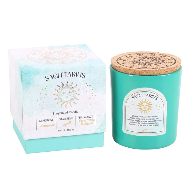 Зодіакальна ароматична свічка Elements of home fragrance з кристалами Стрілець. Аромат іланг-іланг і деревна смола, камінь амазоніт. - Фото 1 Зодіакальна ароматична свічка Elements of home fragrance з кристалами Стрілець. Аромат іланг-іланг і деревна смола, камінь амазоніт. - зображення 1