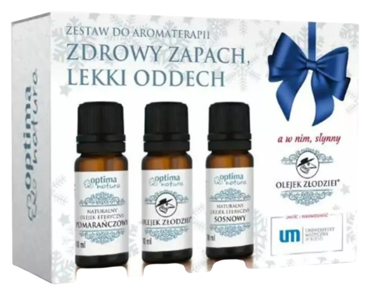 Zestaw do aromaterapii Optima Natura Zdrowy zapach Pomaranczowy 10 ml +  Zlodziei 10 ml + Sosnowy 10 ml (5905220730124) - obraz 1