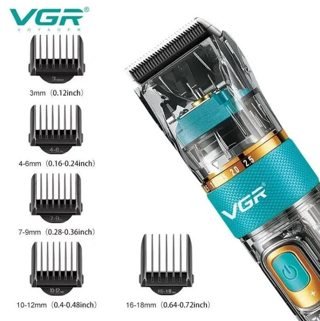Профессиональная аккумуляторная машинка для стрижки VGR V-695 Professional с LED-дисплеем индикатором заряда и 5 насадками. - изображение 4