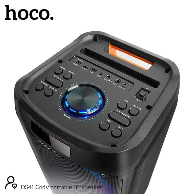 Портативная колонка-караоке Hoco DS41 (беспроводная колонка, Bluetooth, подсветка, 40 Вт, USB, FM, AUX, пульт управления) - Черный - изображение 2