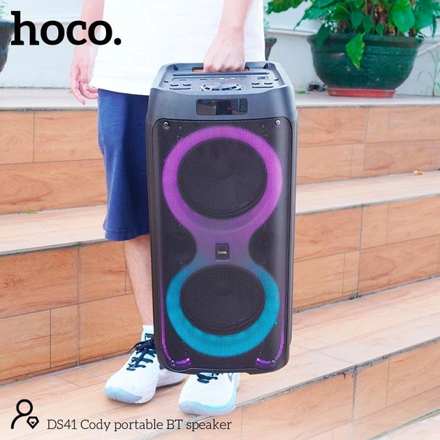 Портативная колонка-караоке Hoco DS41 (беспроводная колонка, Bluetooth, подсветка, 40 Вт, USB, FM, AUX, пульт управления) - Черный - изображение 8