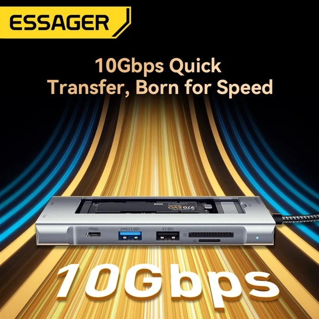 USB-хаб Essager 8 in 1 USB C HUB многофункциональный для ноутбука NVMЕ/SATA SSD Grey - изображение 5