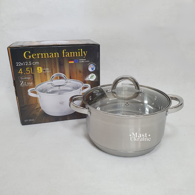 Каструля з нержавіючої сталі 4,5 л German Family з термостійкою скляною кришкою, універсальна нержавіюча каструля з товстим 9-шаровим дном для газової, електричної та індукційної плити Срібляста GF45N - Фото 7 Каструля з нержавіючої сталі 4,5 л German Family з термостійкою скляною кришкою, універсальна нержавіюча каструля з товстим 9-шаровим дном для газової, електричної та індукційної плити Срібляста GF45N - зображення 7