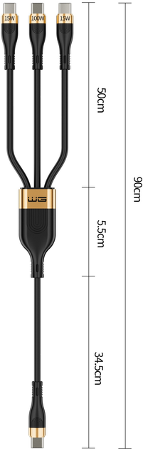 Kabel Winner Group USB Type-C - 3 x USB Type-C 15 W + 100 W + 15 W 90 cm Black (8591194122088) - obraz 2