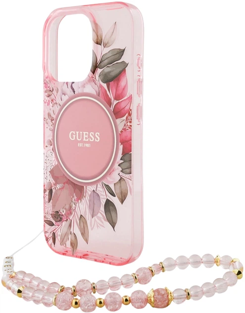 Etui Guess Hardcase IML Flowers With Pearl Strap MagSafe do Apple iPhone 16 Pro Max Pink (GUHMP16XHFWBRCESP) - obraz 5