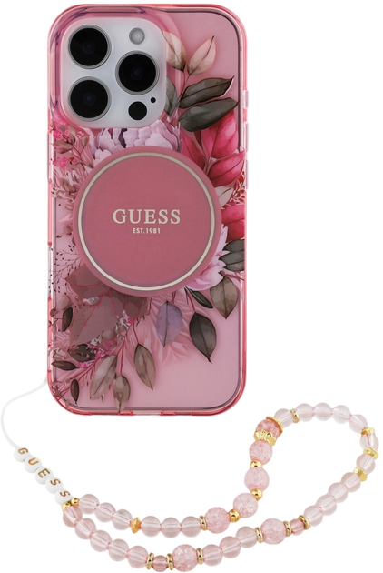 Панель Guess Hardcase IML Flowers With Pearl Strap MagSafe для Apple iPhone 16 Pro Max Pink (GUHMP16XHFWBRCESP) - зображення 1