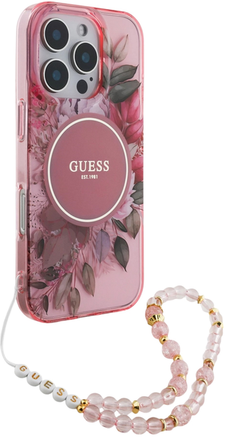 Etui Guess Hardcase IML Flowers With Pearl Strap MagSafe do Apple iPhone 16 Pro Max Pink (GUHMP16XHFWBRCESP) - obraz 3